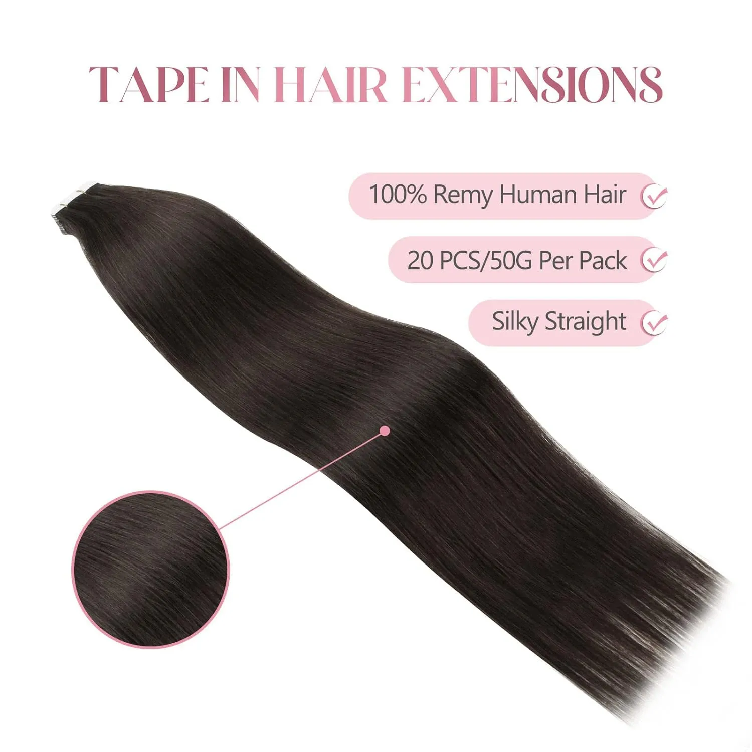 Sixstarhair Off Black Tape In Hair Extensions Black Brown Hair Extensions For Women Seamless Tape In Extensions Remy Human Hair 20 Pieces 50g per Pack [Color 1B 18inch]