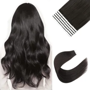 Sixstarhair Off Black Tape In Hair Extensions Black Brown Hair Extensions For Women Seamless Tape In Extensions Remy Human Hair 20 Pieces 50g per Pack [Color 1B 18inch]