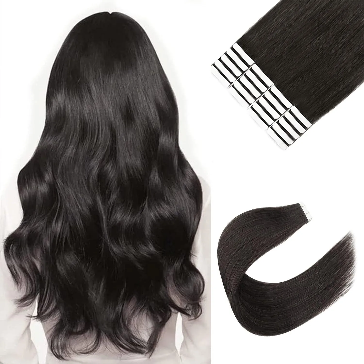 Sixstarhair Off Black Tape In Hair Extensions Black Brown Hair Extensions For Women Seamless Tape In Extensions Remy Human Hair 20 Pieces 50g per Pack [Color 1B 18inch]