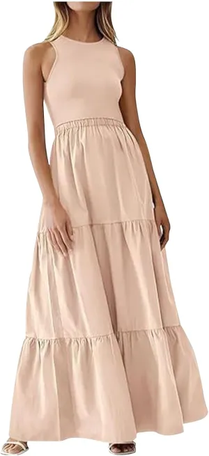 Skirts for Women Summer Patchwork Stripe Pleated Dress Round Neck Sleeveless A-line Skirt Party Wedding Maxi