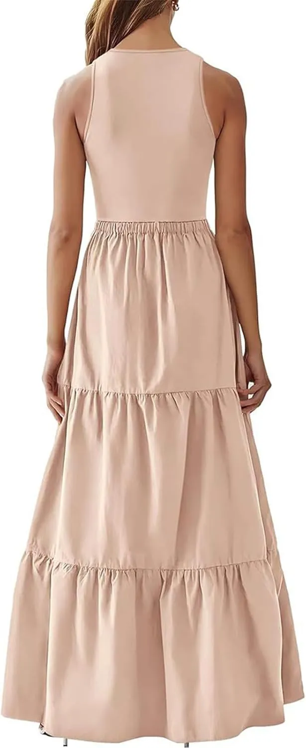 Skirts for Women Summer Patchwork Stripe Pleated Dress Round Neck Sleeveless A-line Skirt Party Wedding Maxi