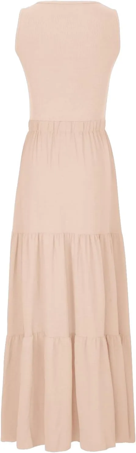 Skirts for Women Summer Patchwork Stripe Pleated Dress Round Neck Sleeveless A-line Skirt Party Wedding Maxi