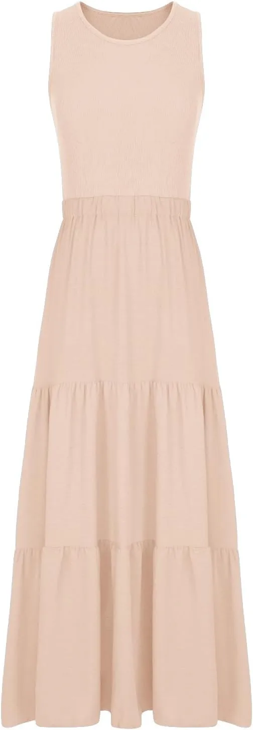 Skirts for Women Summer Patchwork Stripe Pleated Dress Round Neck Sleeveless A-line Skirt Party Wedding Maxi