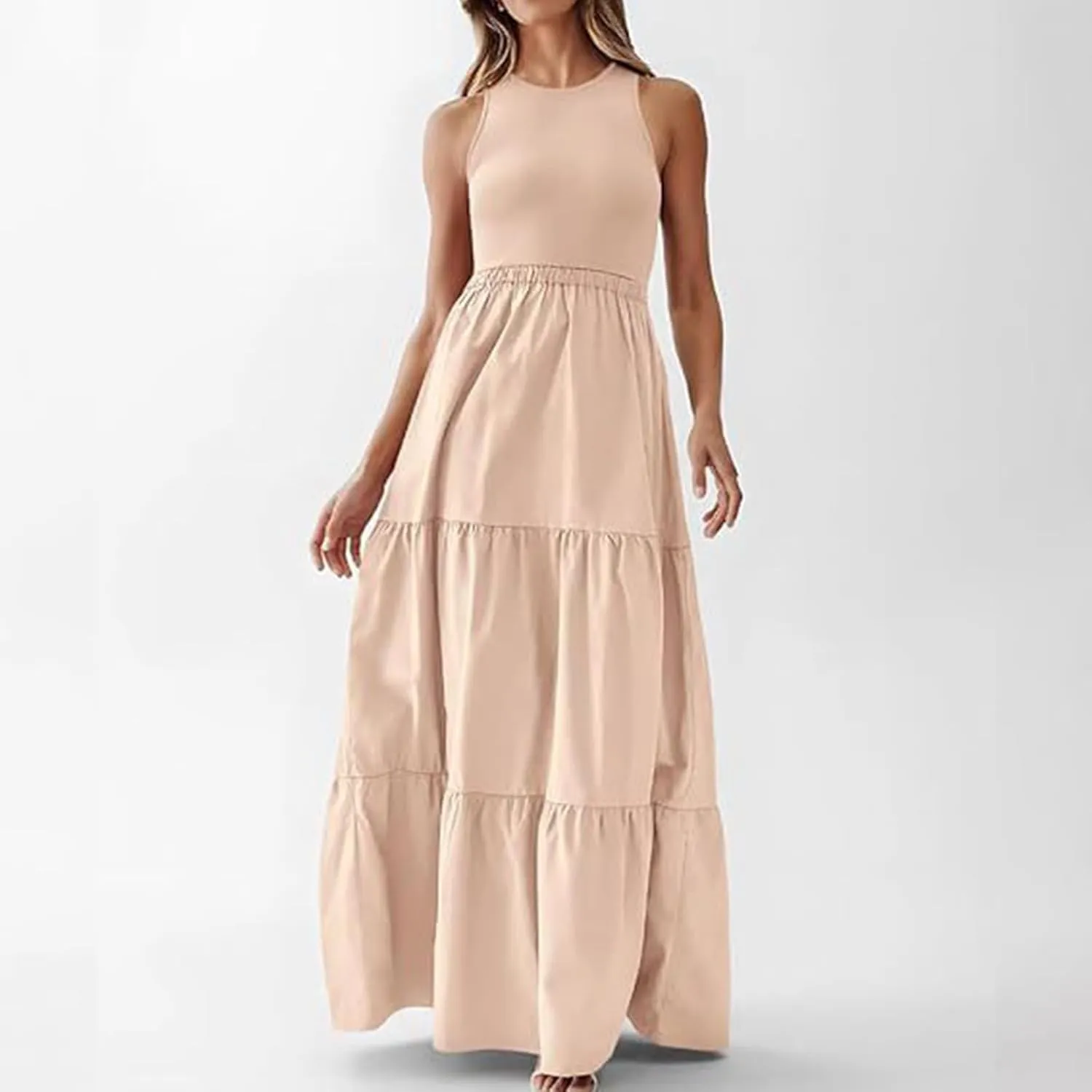Skirts for Women Summer Patchwork Stripe Pleated Dress Round Neck Sleeveless A-line Skirt Party Wedding Maxi