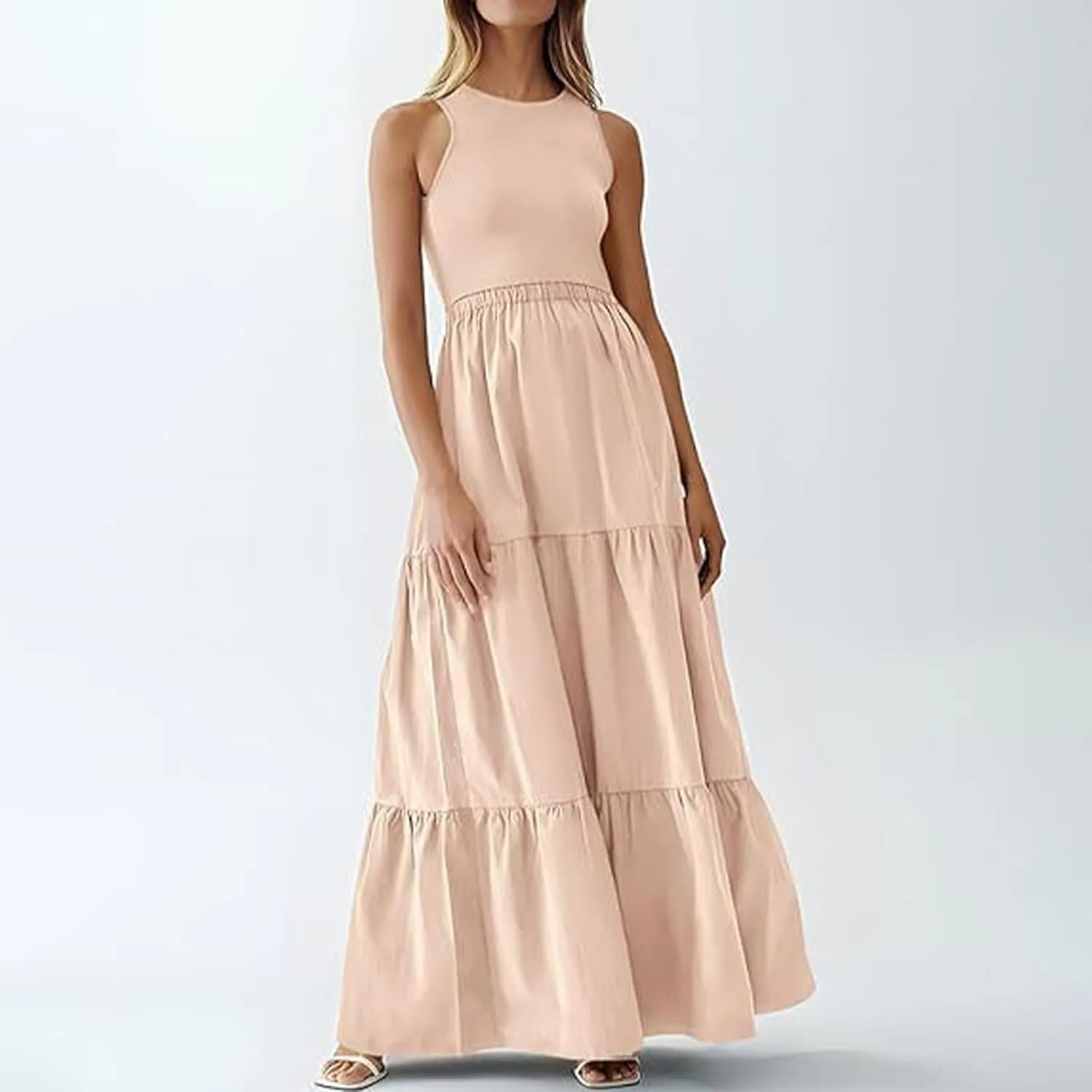 Skirts for Women Summer Patchwork Stripe Pleated Dress Round Neck Sleeveless A-line Skirt Party Wedding Maxi