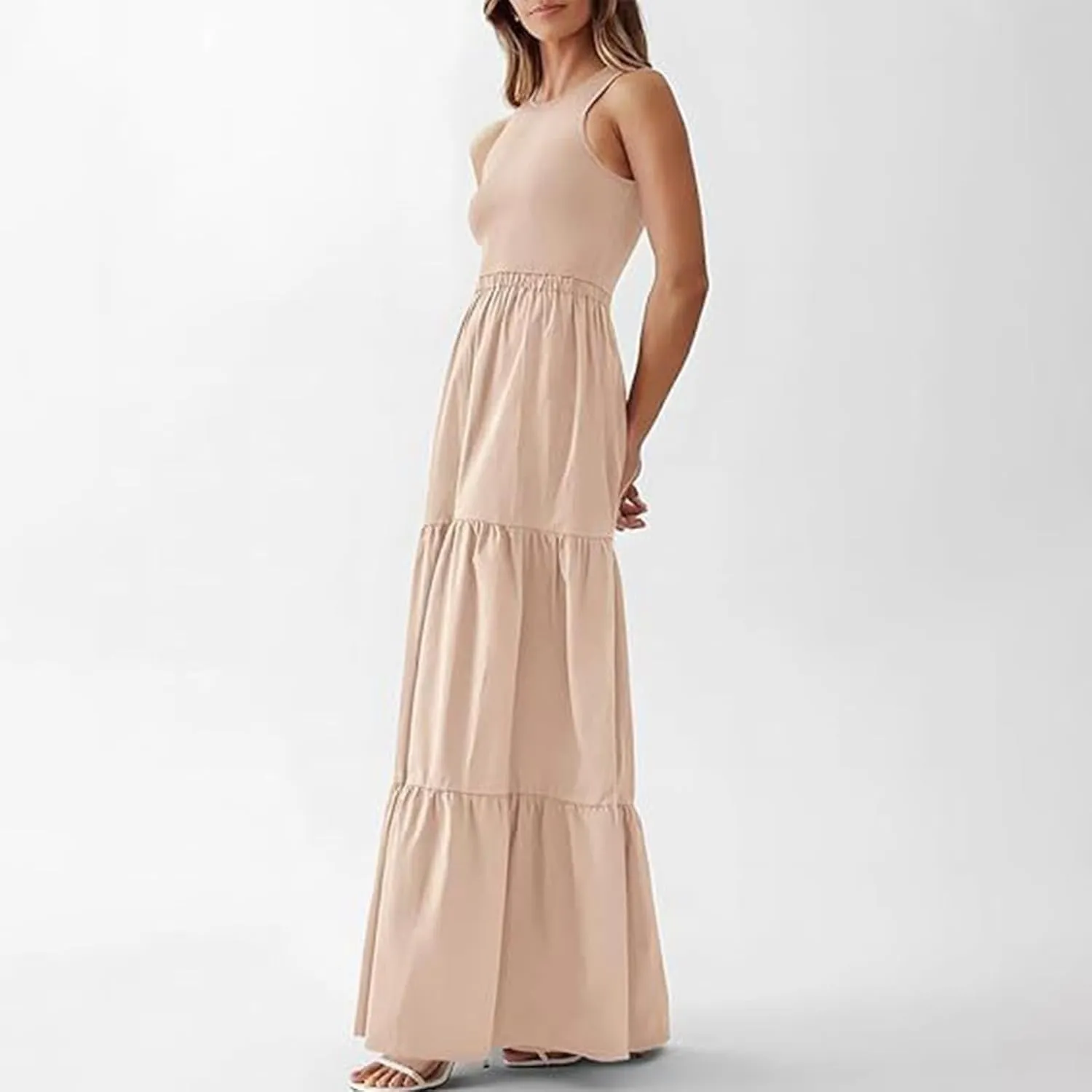 Skirts for Women Summer Patchwork Stripe Pleated Dress Round Neck Sleeveless A-line Skirt Party Wedding Maxi