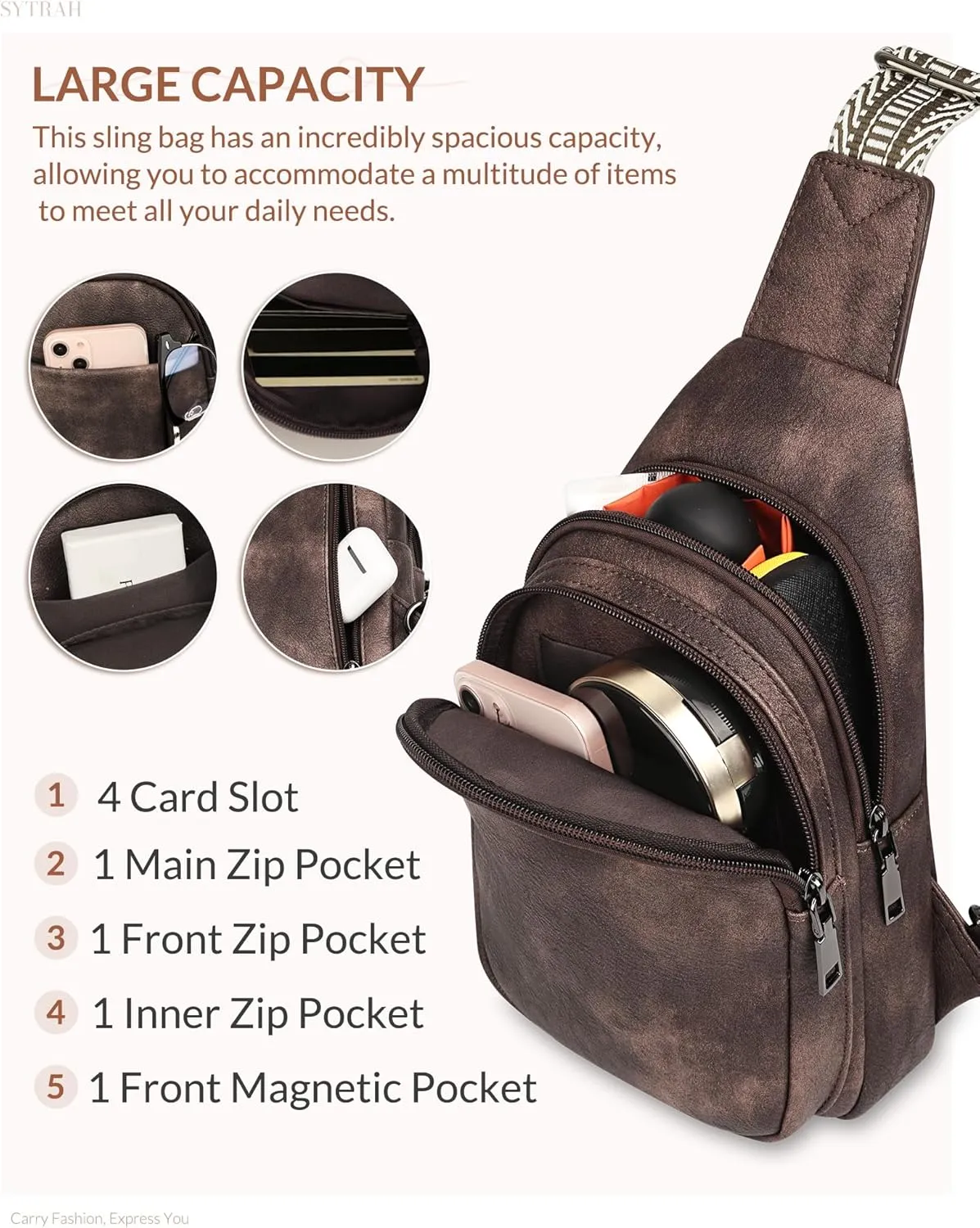 Sling Bag for Women, Crossbody Bags Purse for Women Trendy Vegan Leather Chest Bag with Adjustable Guitar Strap