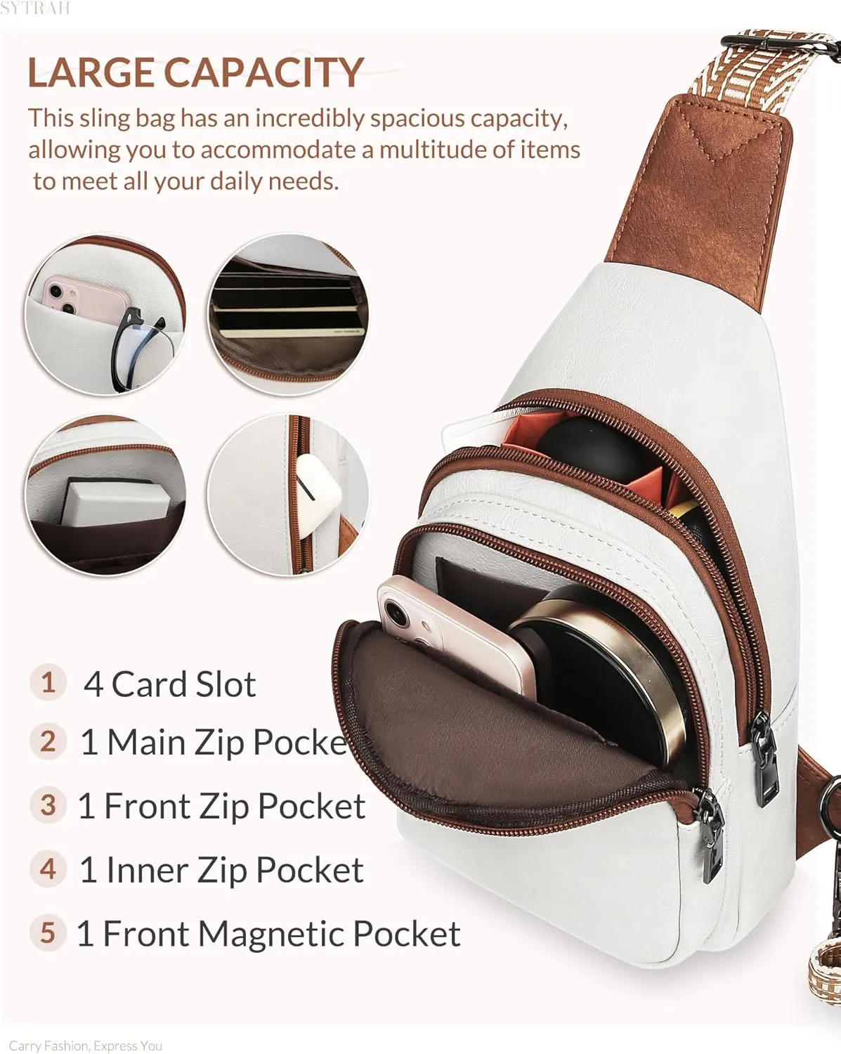 Sling Bag for Women, Crossbody Bags Purse for Women Trendy Vegan Leather Chest Bag with Adjustable Guitar Strap