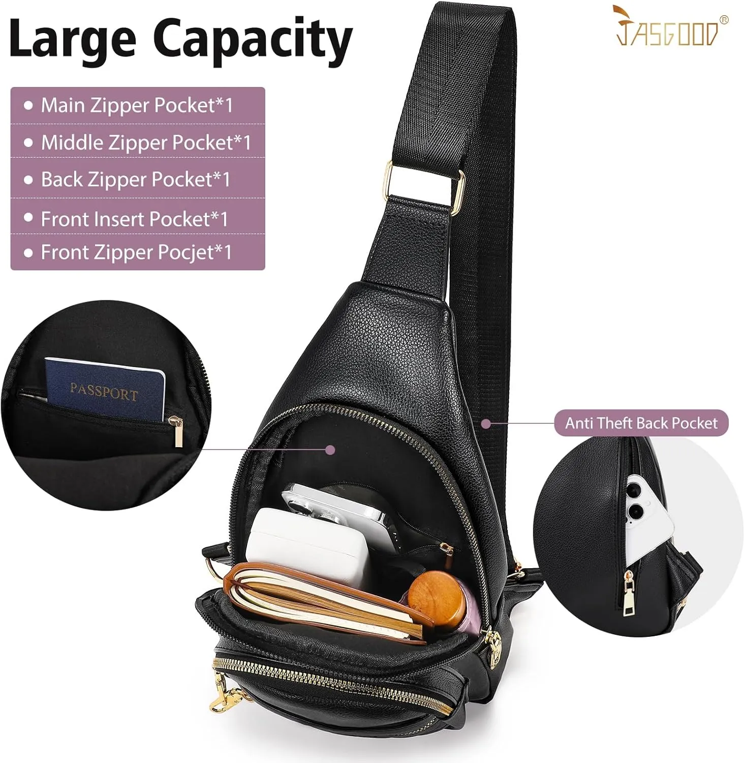 Sling Bag for Women Crossbody Leather Fanny Packs Chest Bag Fashion Sling Backpack Travel JASGOOD
