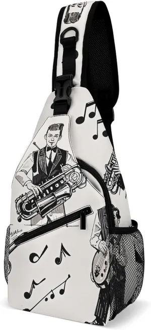 Sling Bag for Women Men Crossbody Bag Jazz Band Playing Instruments And Notes Chest Bag Sling Backpack Fanny Pack Casual Daypack for Travel