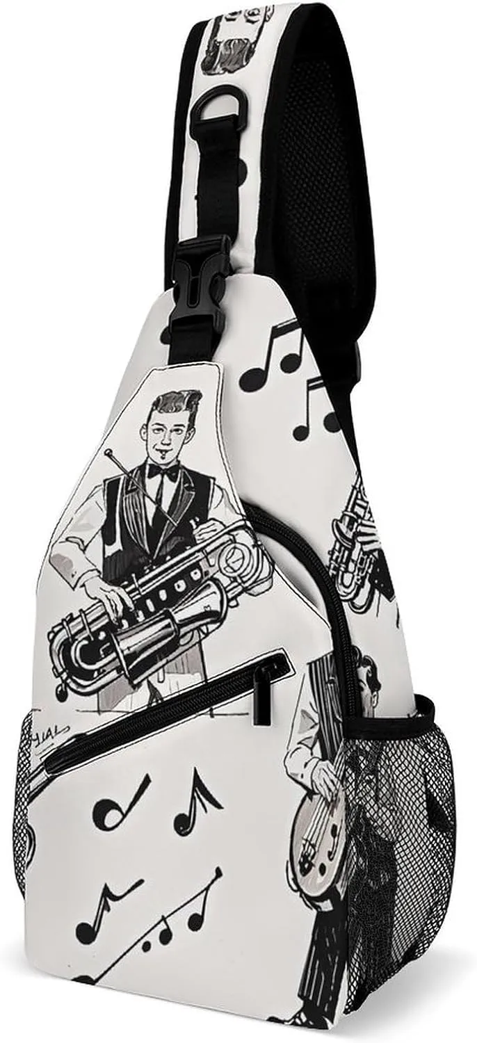 Sling Bag for Women Men Crossbody Bag Jazz Band Playing Instruments And Notes Chest Bag Sling Backpack Fanny Pack Casual Daypack for Travel