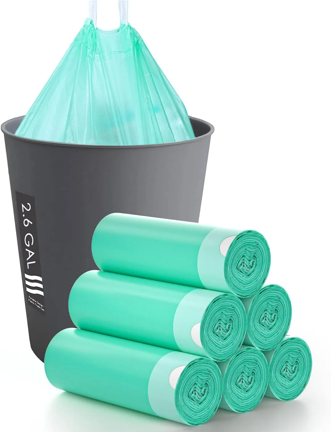 Small Trash Bags, AYOTEE Drawstring Compostable Trash Bags, Strong Bathroom Trash Bags Waste Basket Liners for Bathroom, Kitchen, Office, Car, Outdoors (2.6 gallon 250pack, Green)