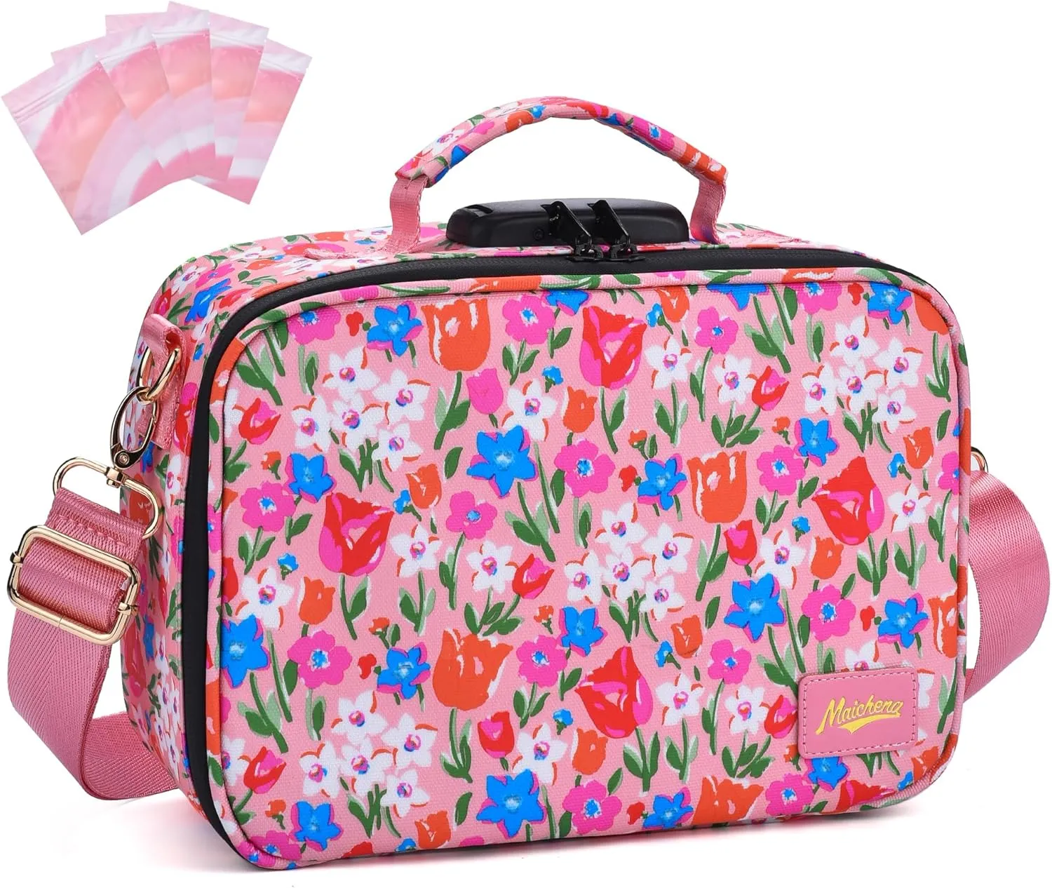 Smell Proof Bag with Combination Lock, Large Smell Proof Stash Box, Odor Proof Container, Scent Proof Crossbody Bag for Travel Storage, Pink