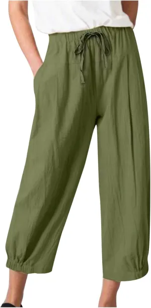 SMIDOW Womens Cotton and Linen Pants Drawstring High Waisted Wide Leg Pant Casual Loose Cropped Trousers with Pockets