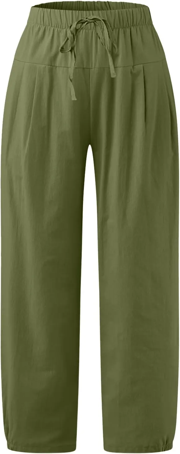 SMIDOW Womens Cotton and Linen Pants Drawstring High Waisted Wide Leg Pant Casual Loose Cropped Trousers with Pockets