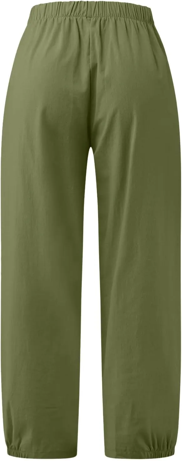 SMIDOW Womens Cotton and Linen Pants Drawstring High Waisted Wide Leg Pant Casual Loose Cropped Trousers with Pockets
