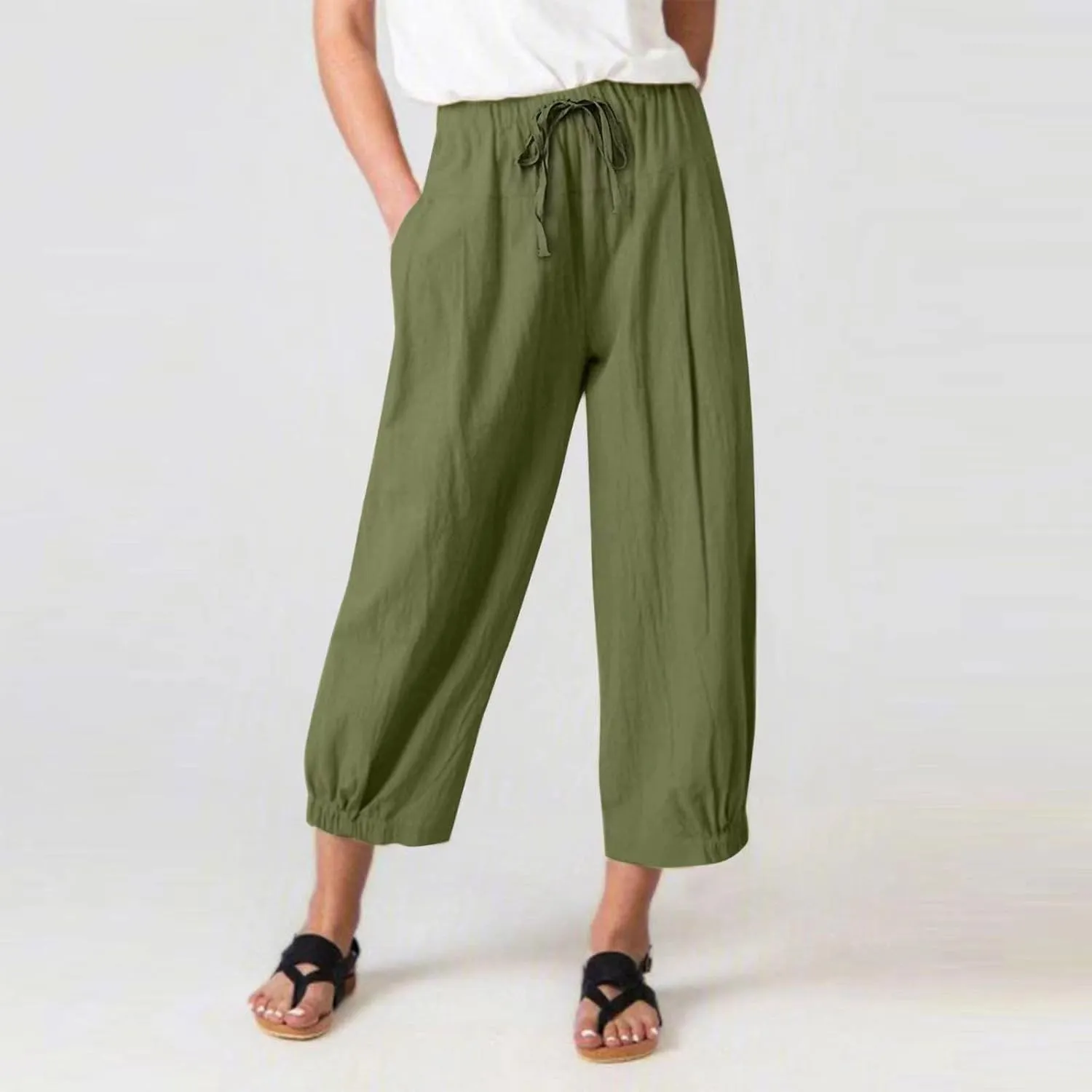 SMIDOW Womens Cotton and Linen Pants Drawstring High Waisted Wide Leg Pant Casual Loose Cropped Trousers with Pockets