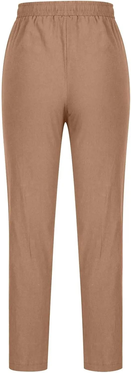 SMIDOW Womens Cotton Linen Pants Casual Drawstring Elastic High Waist Straight Leg Pants Loose Comfy Trousers with Pockets