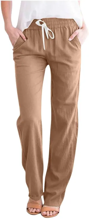 SMIDOW Womens Cotton Linen Pants Casual Drawstring Elastic High Waist Straight Leg Pants Loose Comfy Trousers with Pockets