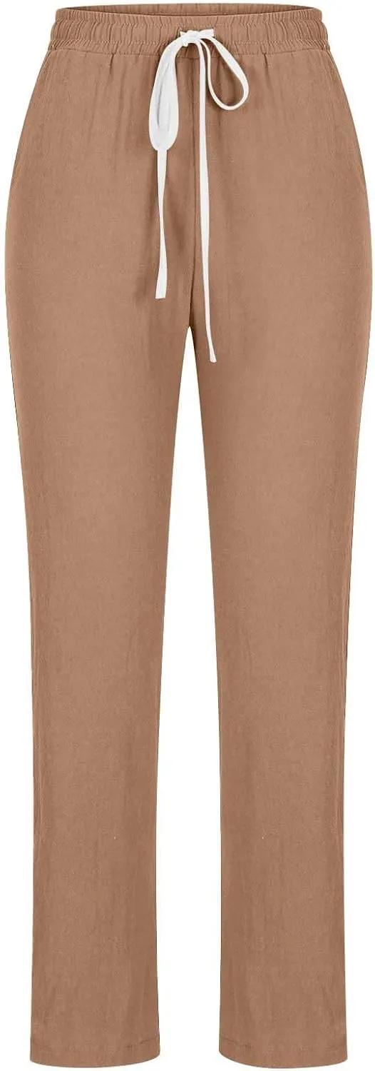 SMIDOW Womens Cotton Linen Pants Casual Drawstring Elastic High Waist Straight Leg Pants Loose Comfy Trousers with Pockets