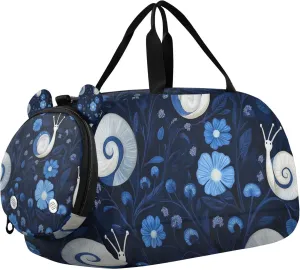 Snails Flowers Blue Pattern Sports Duffle Bag for Kids Girls Boys, Gym Bag with Shoe Compartment, Kids Travel Overnight Weekender Shoulder Bag