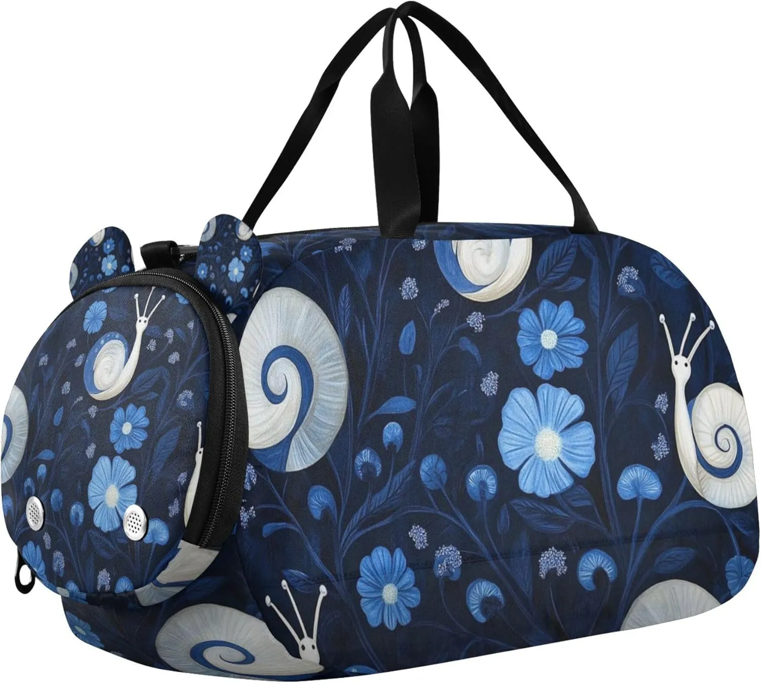 Snails Flowers Blue Pattern Sports Duffle Bag for Kids Girls Boys, Gym Bag with Shoe Compartment, Kids Travel Overnight Weekender Shoulder Bag