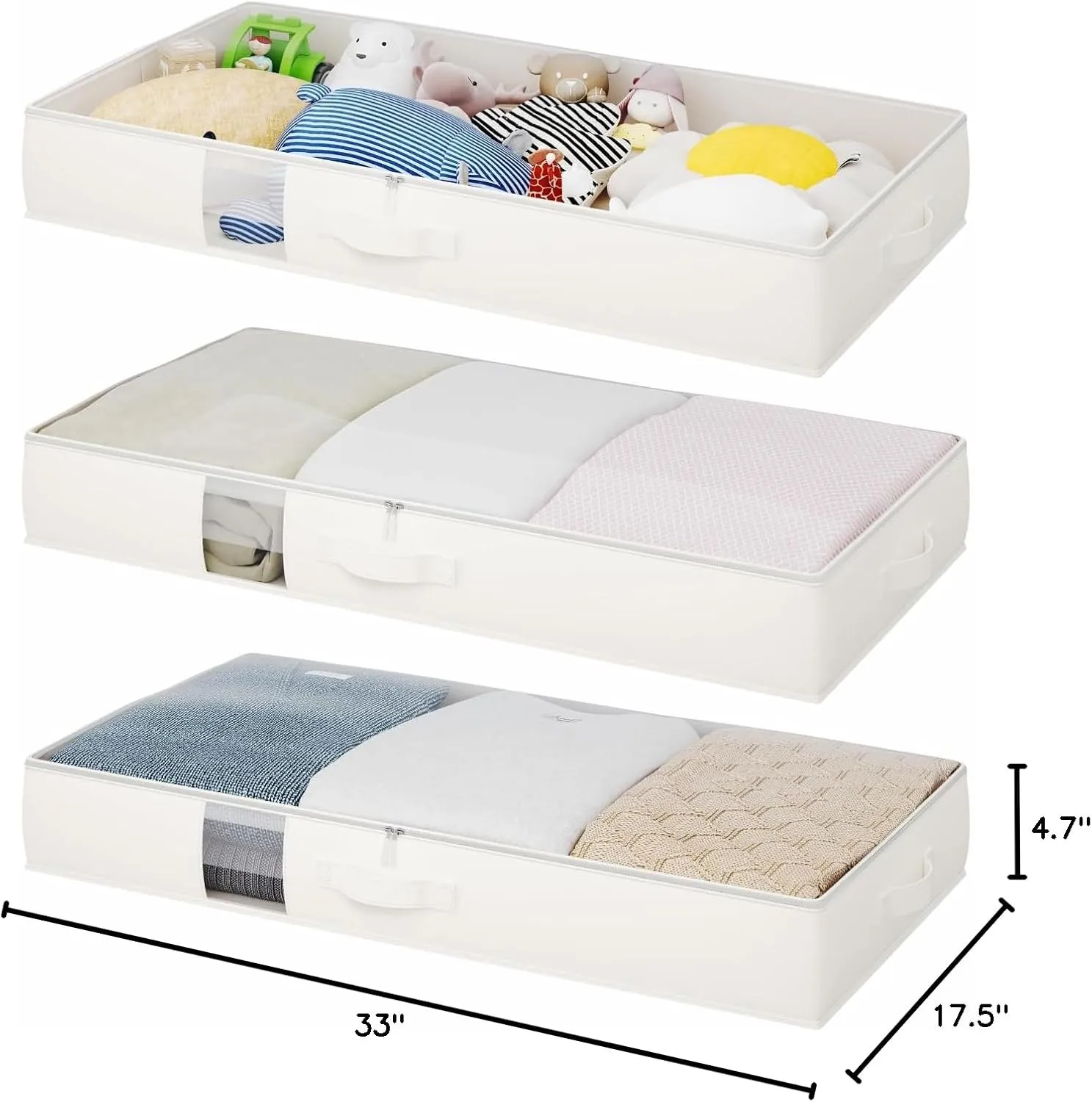 Soft Under Bed Storage Containers, Foldable Under Bed Storage Bags for Clothing, Blankets, Toys, Underbed Storage with Clear Window, Strong Zipper, 33" L * 17.5" W * 4.7" H, Beige, 3 Pack