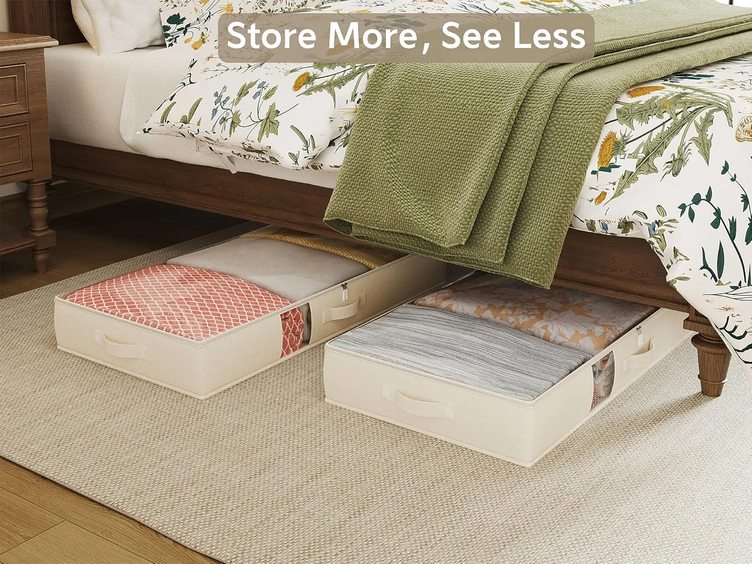 Soft Under Bed Storage Containers, Foldable Under Bed Storage Bags for Clothing, Blankets, Toys, Underbed Storage with Clear Window, Strong Zipper, 33" L * 17.5" W * 4.7" H, Beige, 3 Pack
