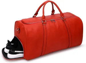 Sole Premise Leather Duffle Bag for Multi-functional Travel Carry-on with Shoe Compartments for Men & Women (Red)