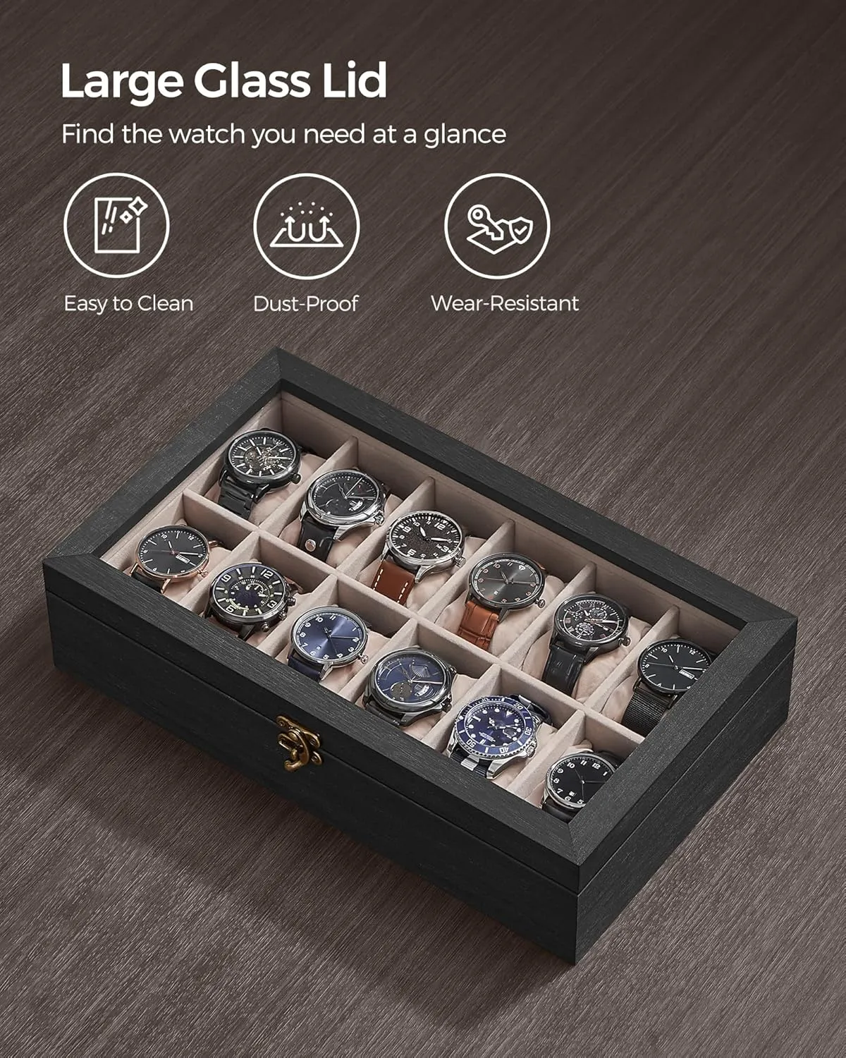 SONGMICS 12-Slot Watch Box, Solid Wood Organizer With Glass Lid, Display Case With Removable Pillows, Gift for Loved Ones, Ebony Black UJOW120B01