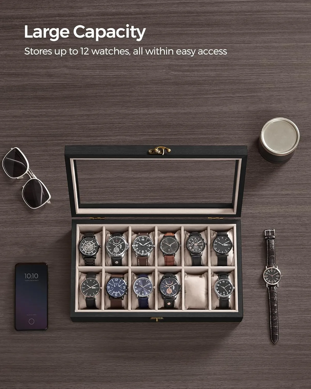 SONGMICS 12-Slot Watch Box, Solid Wood Organizer With Glass Lid, Display Case With Removable Pillows, Gift for Loved Ones, Ebony Black UJOW120B01