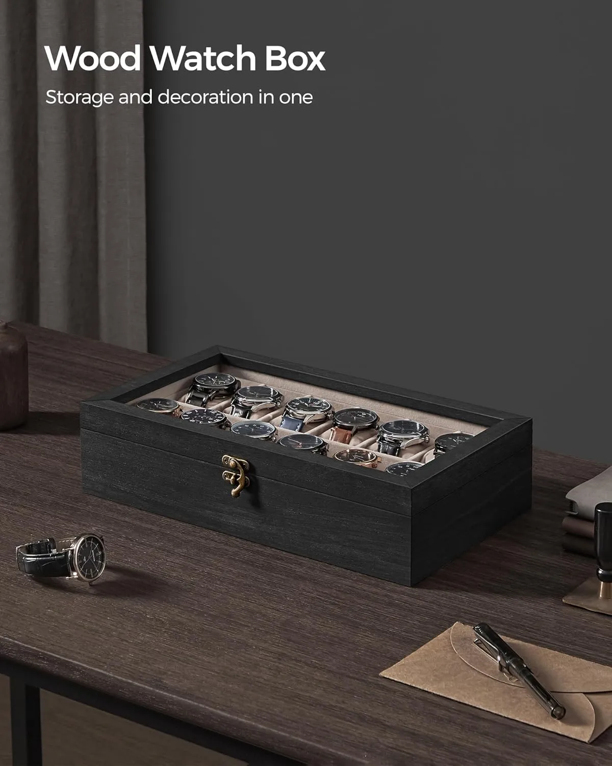 SONGMICS 12-Slot Watch Box, Solid Wood Organizer With Glass Lid, Display Case With Removable Pillows, Gift for Loved Ones, Ebony Black UJOW120B01