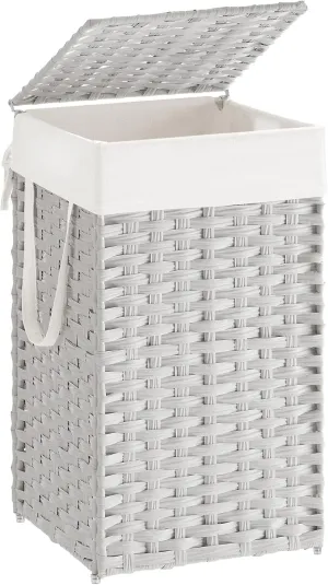 SONGMICS Laundry Hamper with Lid, 17.2 Gallon (65 L) Synthetic Rattan Clothes Laundry Basket with Lid and Handles, Foldable, Removable Liner, Cloud White ULCB165W01