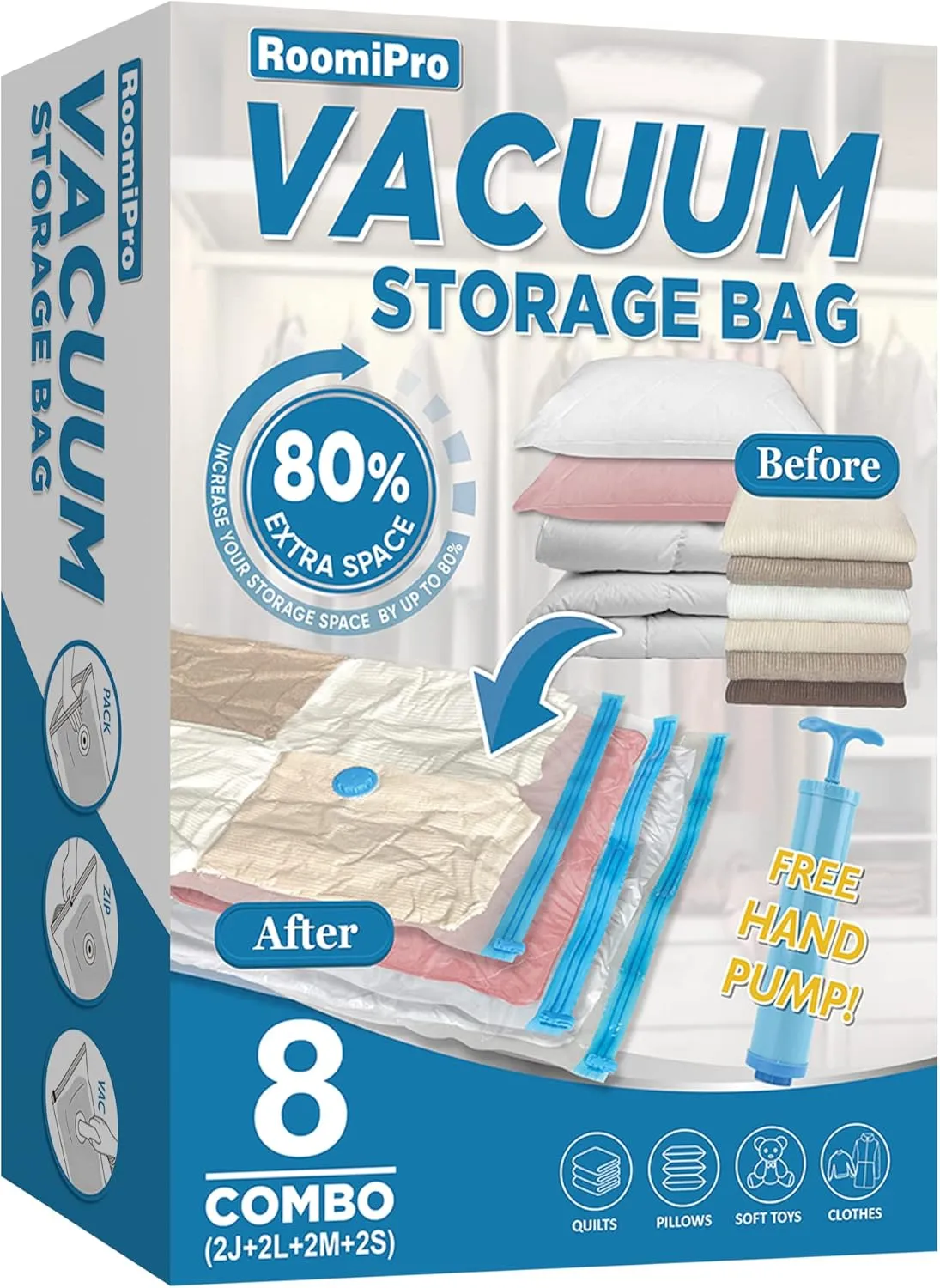 Space Saver Vacuum Storage Bags, 8 Combo (2Jumbo/2Large/2Medium/2Small) Sealer Bags with Pump, Clothing, Comforters, Blanket Storage, Bedding