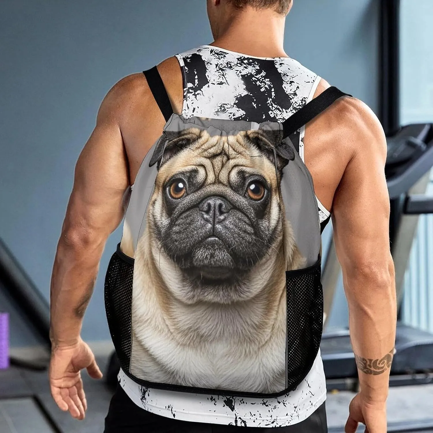 Sports Drawstring Backpack,Animal Pug Dog String Swim Gym Bag with Shoes Compartment Gym Drawstring Bag