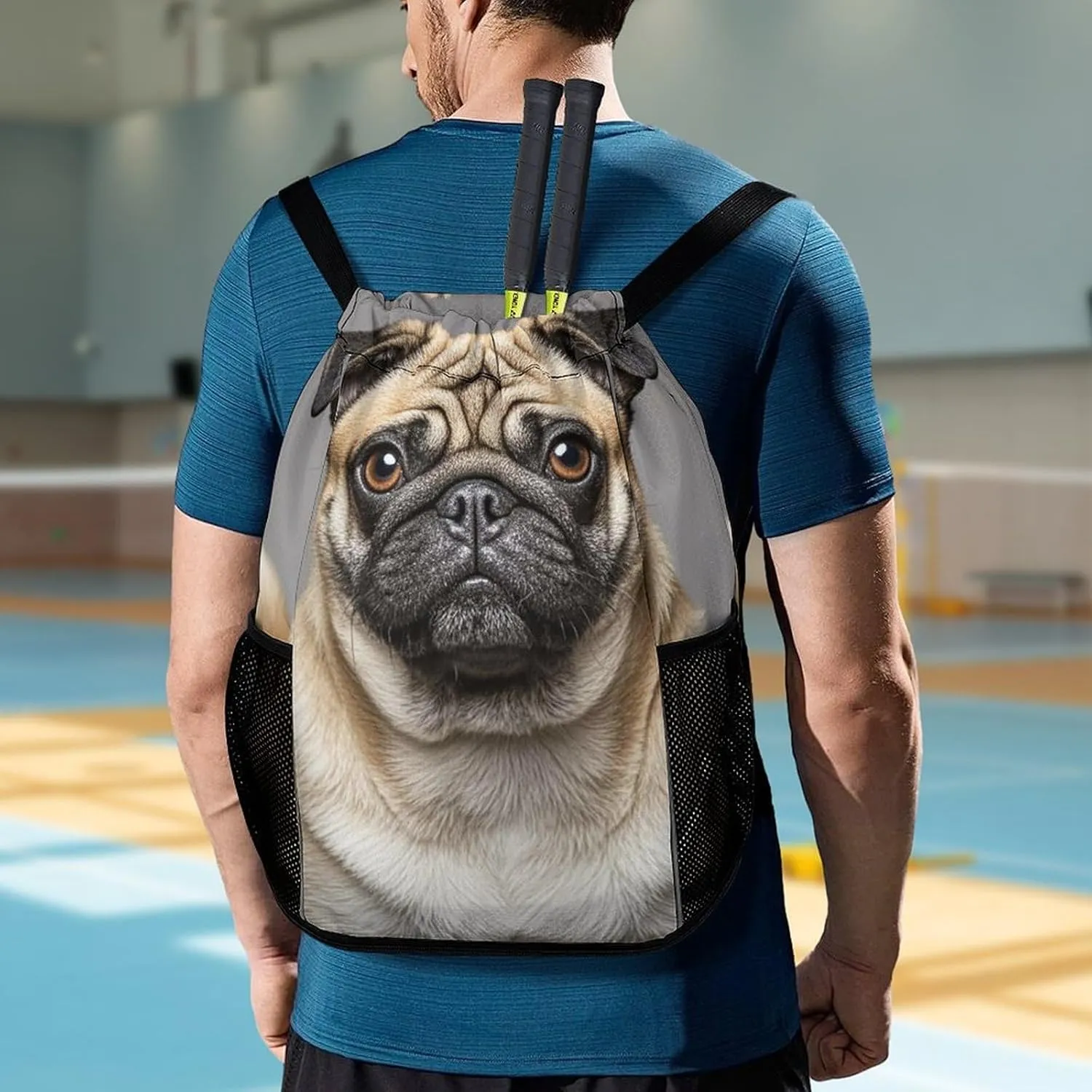 Sports Drawstring Backpack,Animal Pug Dog String Swim Gym Bag with Shoes Compartment Gym Drawstring Bag