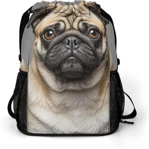 Sports Drawstring Backpack,Animal Pug Dog String Swim Gym Bag with Shoes Compartment Gym Drawstring Bag