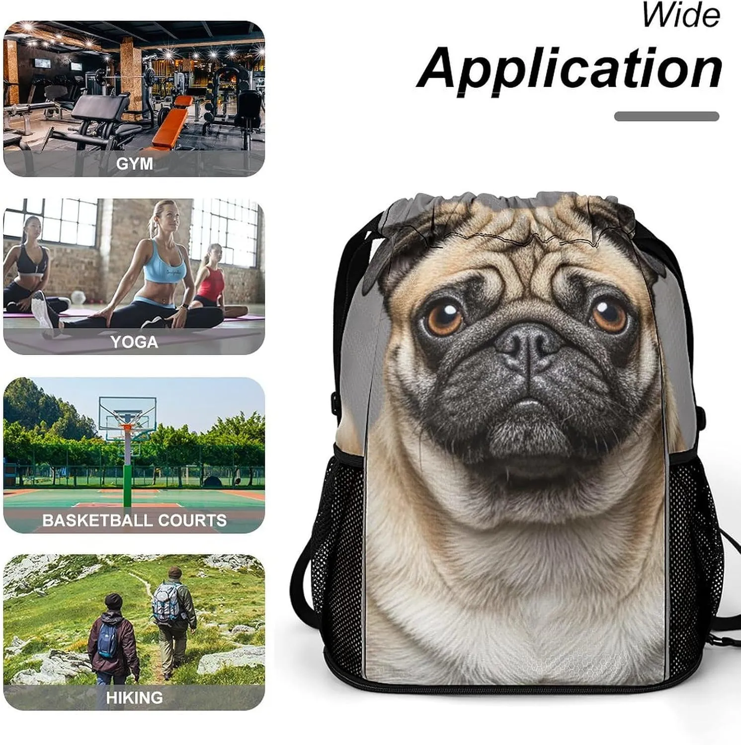 Sports Drawstring Backpack,Animal Pug Dog String Swim Gym Bag with Shoes Compartment Gym Drawstring Bag