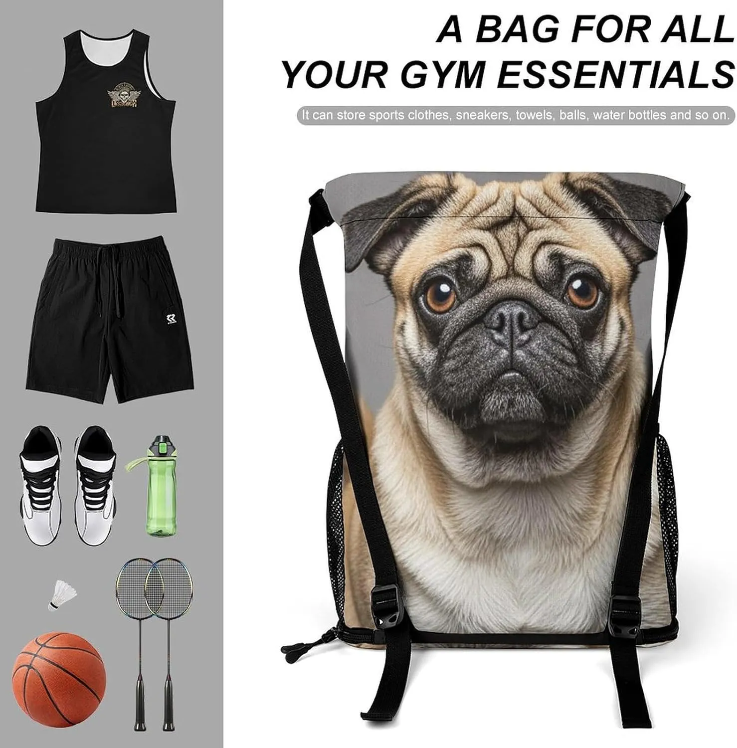 Sports Drawstring Backpack,Animal Pug Dog String Swim Gym Bag with Shoes Compartment Gym Drawstring Bag
