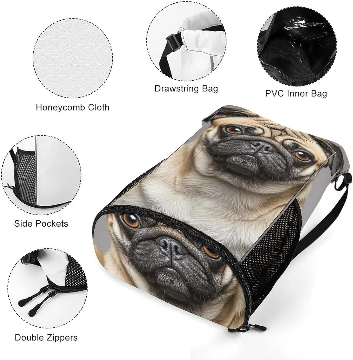 Sports Drawstring Backpack,Animal Pug Dog String Swim Gym Bag with Shoes Compartment Gym Drawstring Bag