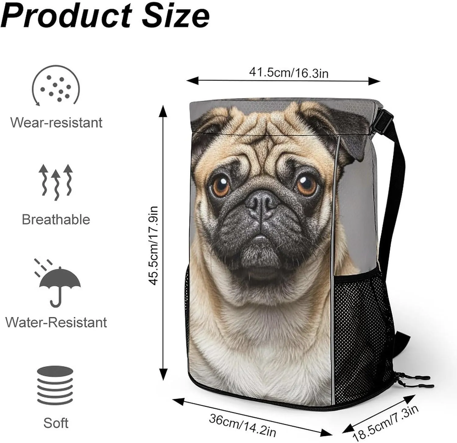 Sports Drawstring Backpack,Animal Pug Dog String Swim Gym Bag with Shoes Compartment Gym Drawstring Bag