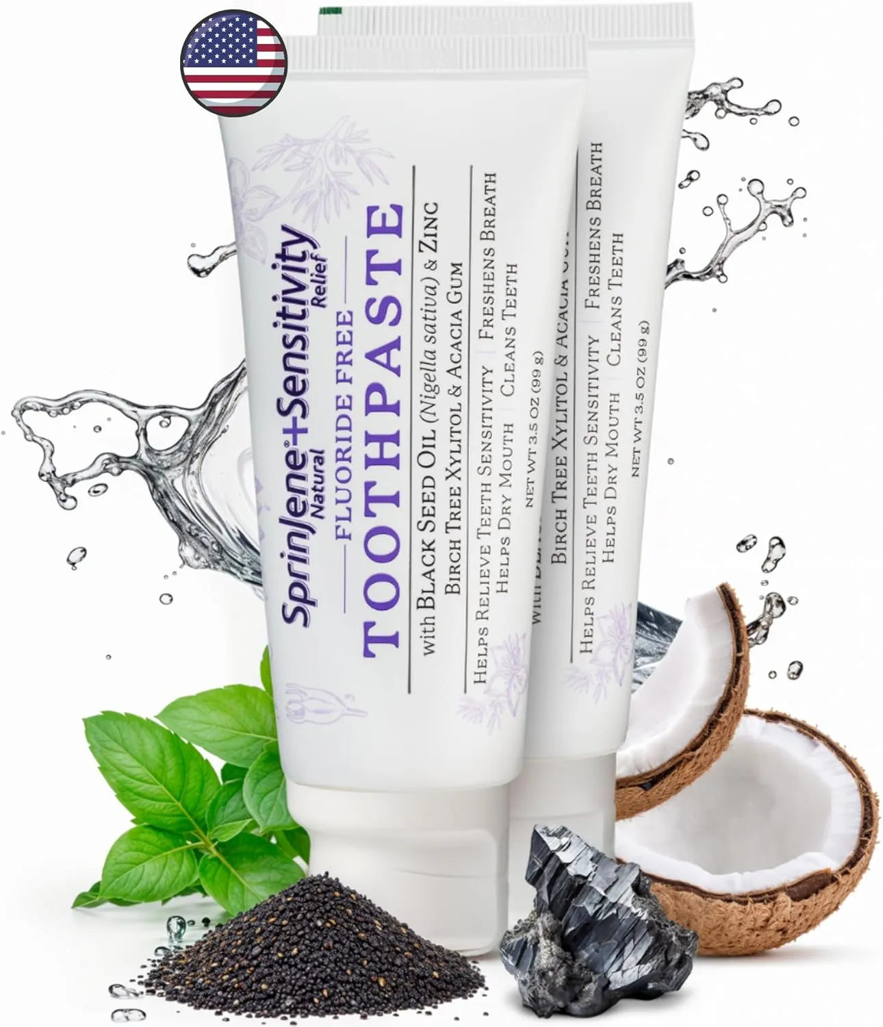 SprinJene Fluoride Free Toothpaste for Sensitive Teeth & Gum Fresh Breath Helps Dry Mouth Natural Non Fluoride Toothpaste for Adult SLS Free, Toxic Preservative Free with Black Seed Oil & Zinc 2 Pack
