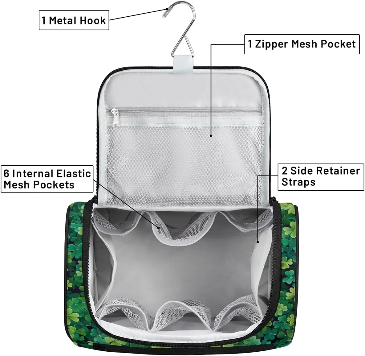 St. Patricks Day Green Irish Clover Travel Toiletry Bag for Men and Women, Large Hanging Makeup Bag Organizer Toiletries Bag for Travel, Cosmetic Bag with Handle