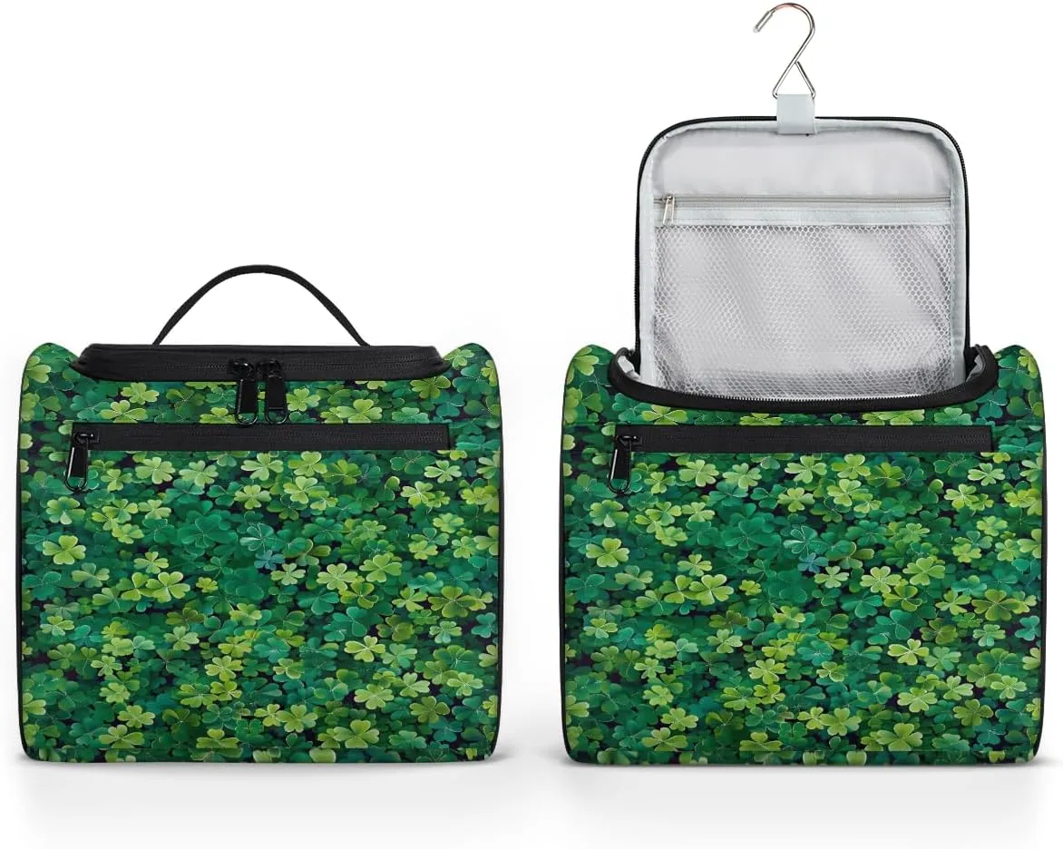 St. Patricks Day Green Irish Clover Travel Toiletry Bag for Men and Women, Large Hanging Makeup Bag Organizer Toiletries Bag for Travel, Cosmetic Bag with Handle