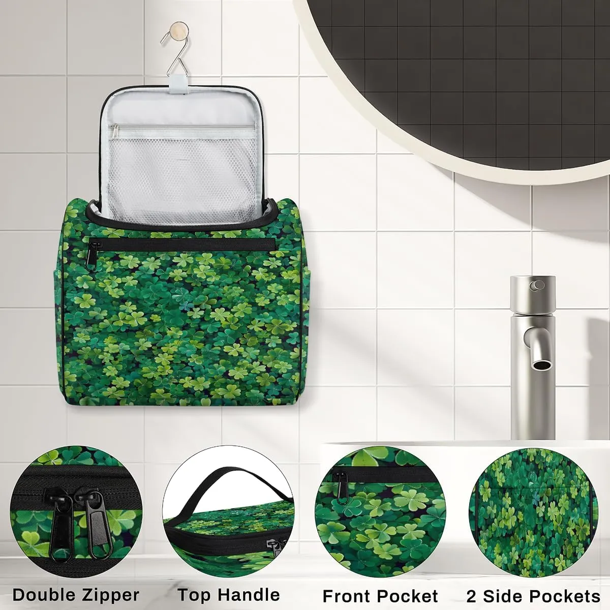 St. Patricks Day Green Irish Clover Travel Toiletry Bag for Men and Women, Large Hanging Makeup Bag Organizer Toiletries Bag for Travel, Cosmetic Bag with Handle