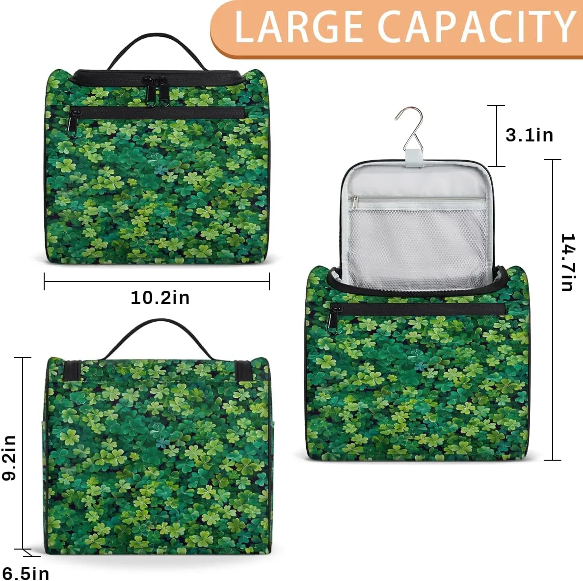 St. Patricks Day Green Irish Clover Travel Toiletry Bag for Men and Women, Large Hanging Makeup Bag Organizer Toiletries Bag for Travel, Cosmetic Bag with Handle
