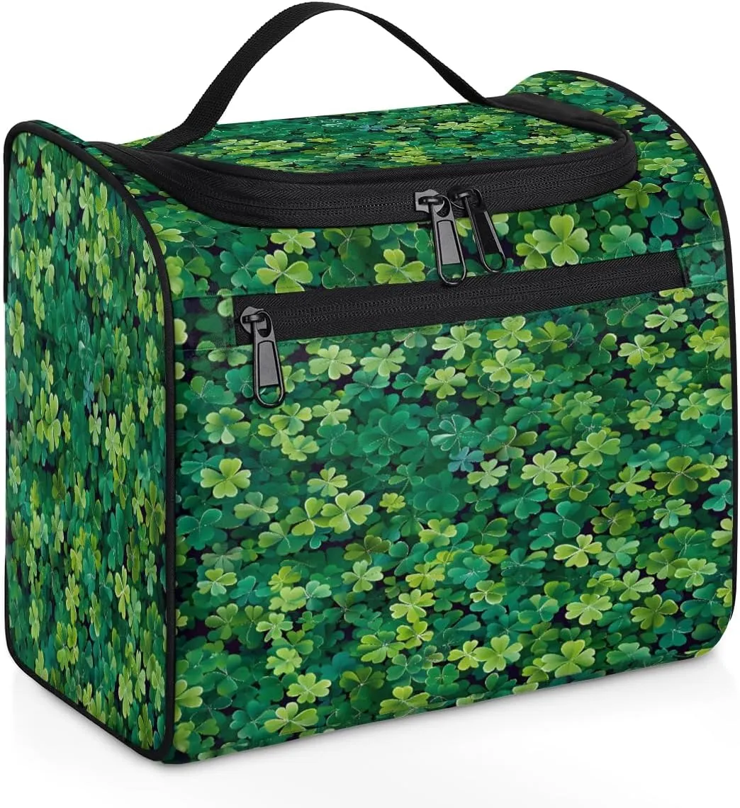 St. Patricks Day Green Irish Clover Travel Toiletry Bag for Men and Women, Large Hanging Makeup Bag Organizer Toiletries Bag for Travel, Cosmetic Bag with Handle