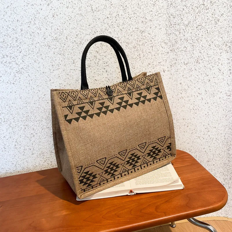 STOREXQ Factory Wholesale Bags for Women  New Online Influencer Fashion Ethnic Print Simple Large Capacity Linen Handbag
