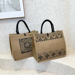 STOREXQ Factory Wholesale Bags for Women  New Online Influencer Fashion Ethnic Print Simple Large Capacity Linen Handbag