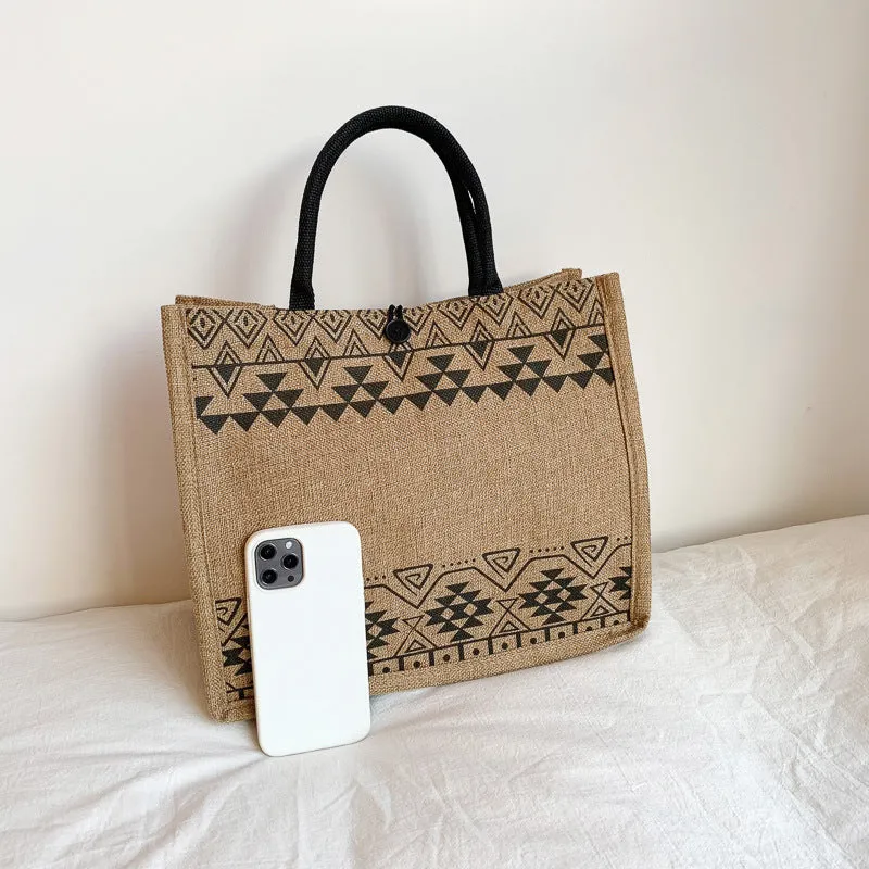 STOREXQ Factory Wholesale Bags for Women  New Online Influencer Fashion Ethnic Print Simple Large Capacity Linen Handbag